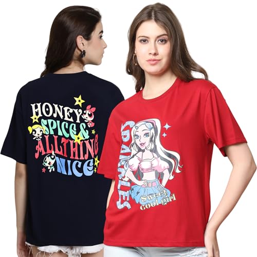 Image of Style Go Pure Cotton Oversized Baggy Fit Drop Shoulder Aesthetic & Cool Graphic Printed Half Sleeve Tshirt for Women || Trendy Tees || Casual Loose Korean T-Shirt (Pack 2)