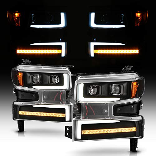 ACANII - For [Halogen Model] 2019-2021 Chevy Silverado 1500 Black LED Tube Sequential Signal Headlights Headlamps Pair
