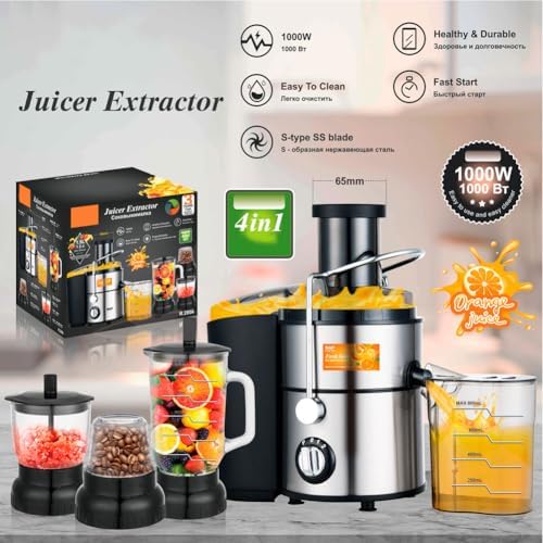 Exprimidor y licuadora 4 en 1, extractor de jugo de cítricos eléctrico de 1000 W con 2 configuraciones de velocidad, exprimidor de frutas y batidora con conducto de alimentación de 65 mm, para frutas
