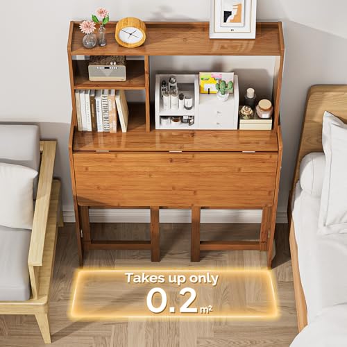 31.1" Bamboo Folding Desk with Bookshelf, Compact Computer Desk for Small Spaces, Foldable Study Table with Storage Shelf, Space-Saving Home Office Table for Bedroom, Dorm, Apartment,Brown - Image 4