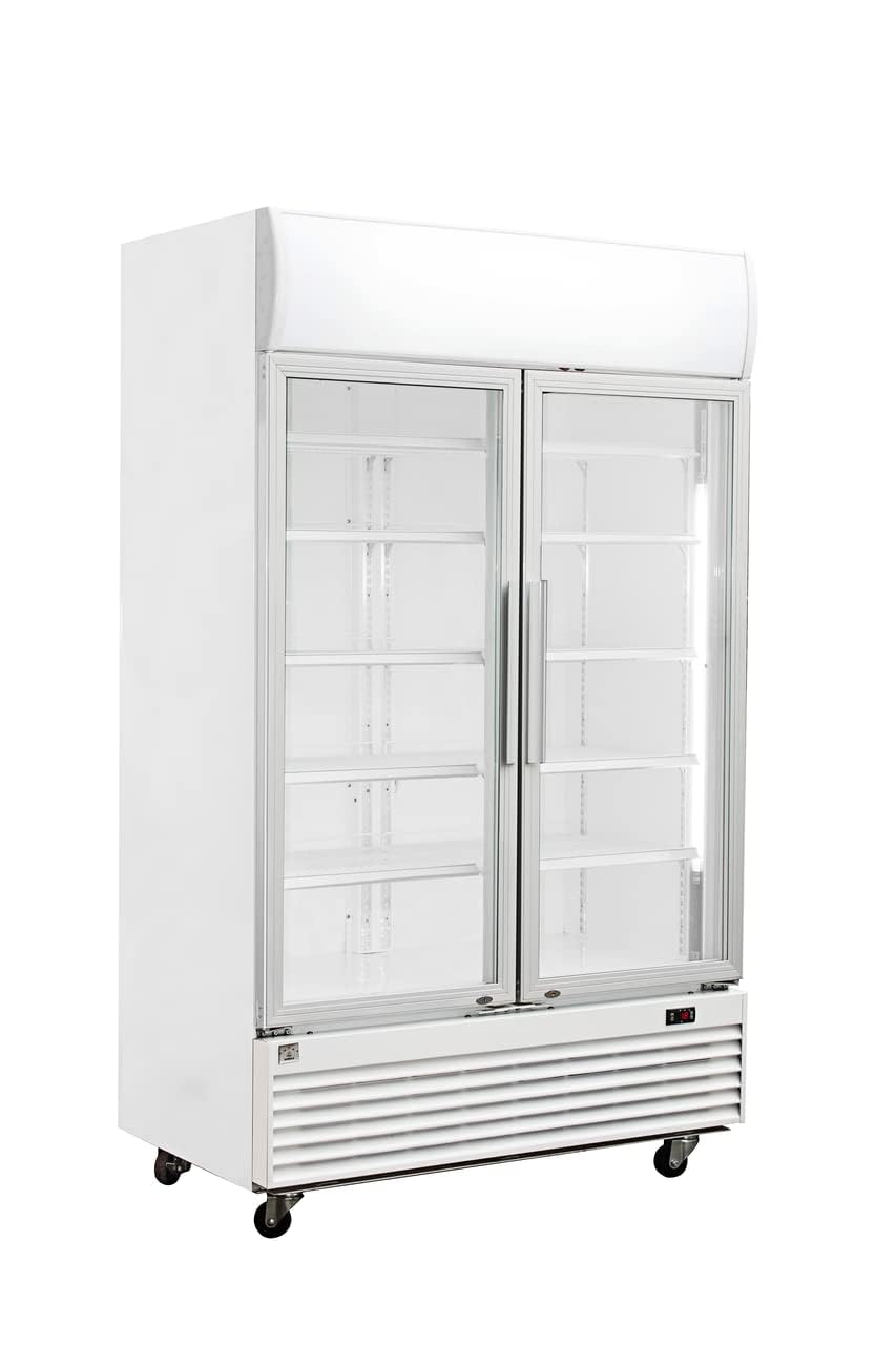 METRO Professional Frigorifero con 2 porte in vetro GSC2100, 930 L, bianco, 3.1 kWh/24 h, 220-240 V, con illuminazione LED e 10 ripiani regolabili, ideale per attività gastronomiche, bar e negozi.