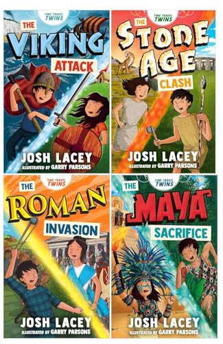 Time Travel Twins Series 4 Books Set by Josh Lacey (Viking Attack, Stone Age Clash, Roman Invasion, Maya Sacrifice)