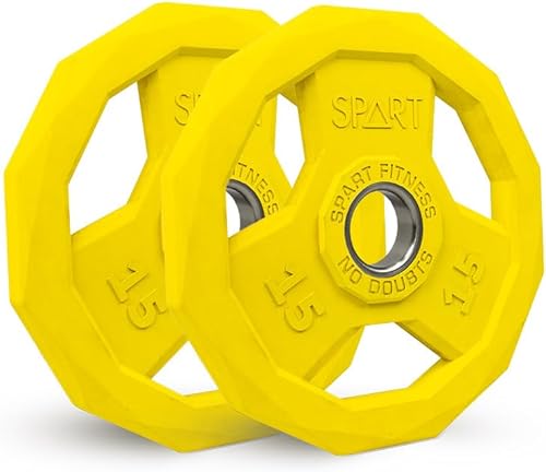 Miniatura 8 de SPART Placa de peso con código de color de 2 pulgadas, placa de agarre olímpico con revestimiento de goma para barra, placas de peso de hierro Juego