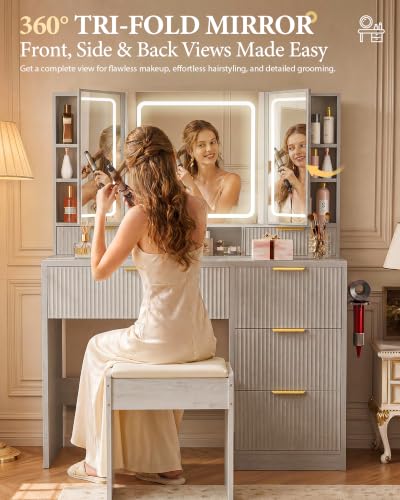 Image of COMHOMA Vanity Desk with 3-Way Mirror and Lights, Makeup Vanity with 360 View Mirror, 3 Lighting Modes, 6 Drawers,Storage Cabinet Fluted Wood Vanity Table with Jewelry Hook for Women Girls Gray