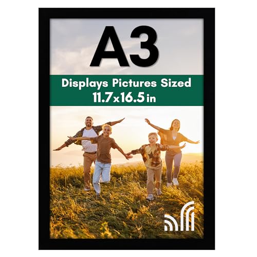 Americanflat A3 Picture Frame with Shatter-Resistant Glass - 11.7x16.5 Frame with Engineered Wood - Signature Collection - A3 Frames for Wall Display - Black