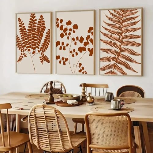 Affiches abstraites de plantes orange Boho | Set de 3 toiles 60x90cm sans cadre pour salon