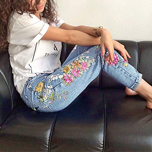 Womens Vintage High Waist Floral Embroidered Straight Jeans Cropped Ankle Length Denim Pants4