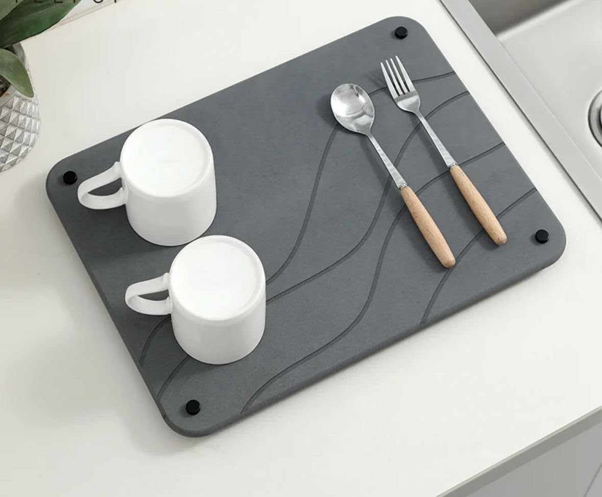 HomeCloud Stone Drying Mat for Kitchen Counter | Super Absorbent Diatomaceous Dish Drying Mat for Dishes, Bottles, and More (Dark_Grey, 40x30cm)