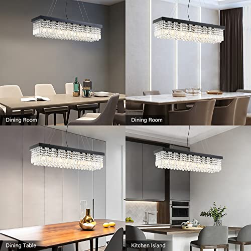 Siljoy Modern Crystal Chandeliers Rectangular, 40" X 10" X 10" Raindrop Chandelier Kitchen Island Light Fixture, Ceiling Chandelier For Dining Room Black #TOP4
