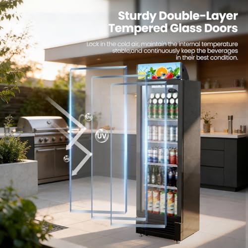 Image of Kismile 9.1 Cu.Ft Large Commercial Refrigerator with Customizable Lightbox, Display Fridge with Wheels, Lock & Key, Double-Tempered Glass Beverage Refrigerator for Bar, Restaurant, Outdoor