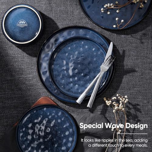 Homikit 12 Piece Dinner Sets, Reactive Glaze Plates and Bowls Set for 4 People, Elegant Dinnerware Stoneware for Kitchen Dinner Camping, Scratch Resistant, Dishwasher & Microwave Safe, Nebulas Blue - Image 4
