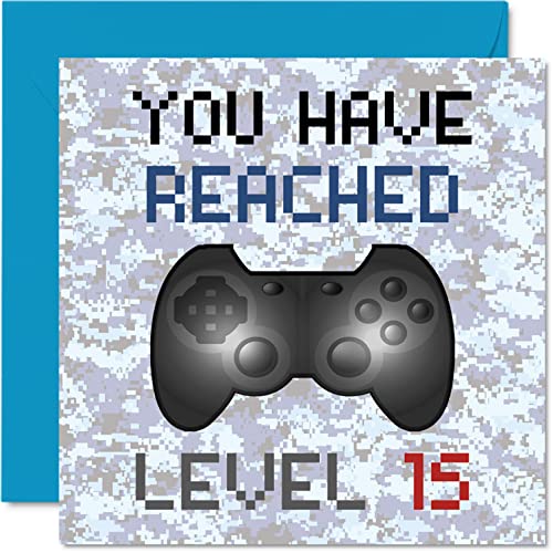 Tarjeta cumpleaños 15 jugadores – You Have Alached Level 15 – Tarjetas cumpleaños niños, juegos adolescentes, tarjetas felicitación cumpleaños, videojuegos, hija, hijo, nieta, 145 mm x 145 mm