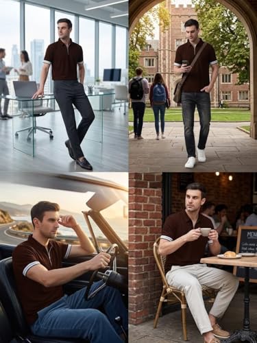 Image of Leriya Fashion T Shirt for Men | Polo T-Shirt for Man | Men's Half Zip Polo | Lightweight Breathable Summer Wear | Textured Knit Casual Stylish Tee | Short Sleeve Smart Casual Top for Man