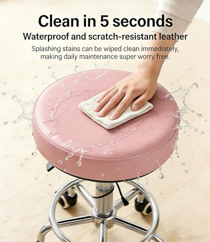 Image of Adjustable Rolling Stool with Wheels 500lb Heavy Duty Round Rolling Stool with Footrest, Patent Leather Drafting Stool Chair with Wheels Work Spa Salon Seat（Pink）