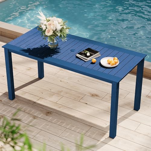 Image of YEFU Outdoor Dining Table for 6: All Weather Rectangular Patio Table with Umbrella Hole and Aluminum Frame - Outdoor Furniture for Outside Backyard /Garden /Pool /Porch /Deck, 300lbs Capacity, Blue