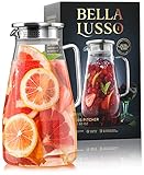 Glass Water Pitcher - 60oz Carafe with Infused Lid - Borosilicate Jug for Hot & Cold Drinks - Iced Tea, Coffee, Juice, Milk - 1 Gallon Large Beverage Container for Fridge as Jar with Handle & Spout