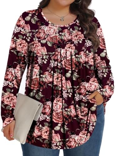 Plus Size Tops for Women Fall Long Sleeve Shirts Crew Neck Casual Loose Tunic Blouse 1X-5X
