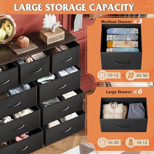 Image of WLIVE 9-Drawer Dresser, Fabric Storage Tower for Bedroom, Hallway, Entryway, Closet, Tall Chest Organizer Unit with Fabric Bins, Steel Frame, Wood Top, Easy Pull Handle, Charcoal Black
