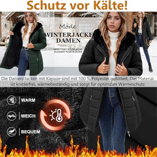 Wintermantel Damen Lang Warm Gefüttert Fleecejacke Winterjacke Elegant Steppmantel Jacke Herbst Winter Mantel Steppjacke Kapuzenjacke Fleece Parka Casual Winterparka Mäntel Daunenjacke Daunenmantel
