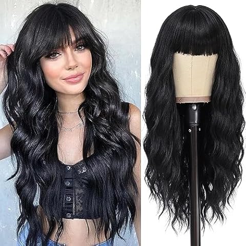 NAYOO Long Wavy Wigs with Bangs Black Wigs for Women Synthetic Heat Resistant Wig 26 Inches Natural Looking Realistic Wigs for Daily Party Use/Halloween Use（Black） Cover