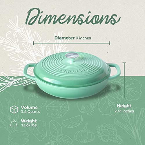 Segretto Cookware 3.6 Qt Verde Chiaro (Light Green) Cast Iron Braiser Pan With Lid, Braiser Enameled Cast Iron Casserole Pan With Cover, Lasagna Pan Enamel Cast Iron Skillet With Lid Cookware #TOP1