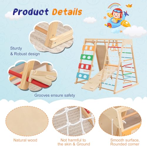 MulinsonFly 9-in-1 Toddler Indoor Jungle Gym & Playground Set, Wooden Climbing Toy with Slide, Swing, Climbing Net, Rings – Montessori-Inspired Kids Playset for Indoor Fun & Development, Ages 3-8 - Thumbnail 5