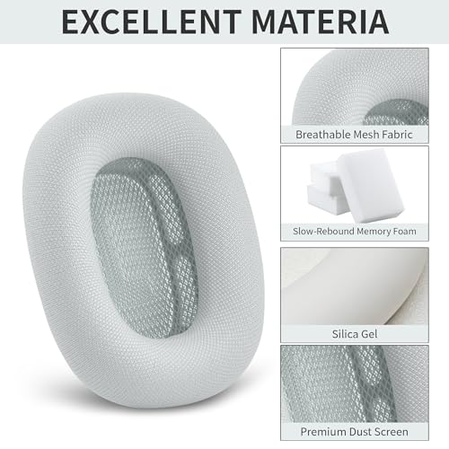 Image of Replacement Ear Cushions for Apple AirPods Max 1 & 2 Upgraded Memory Foam Pads with Durable Fabric,Sound Insulation and Noise Reduction,Strong Magnetic Fit,Sweat-Resistant, Breathable Comfor(Silver)