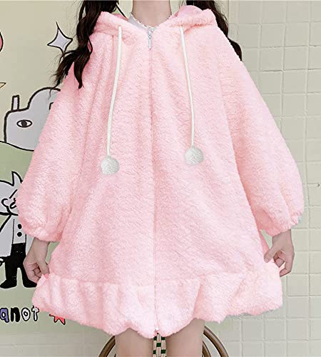 Bzb Kawaii Anime Bunny Ear Hoodies For Women Sweet Lovely Fuzzy Fluffy Rabbit Sweater Tops Cosplay Jacket Coats Pink #TOP1