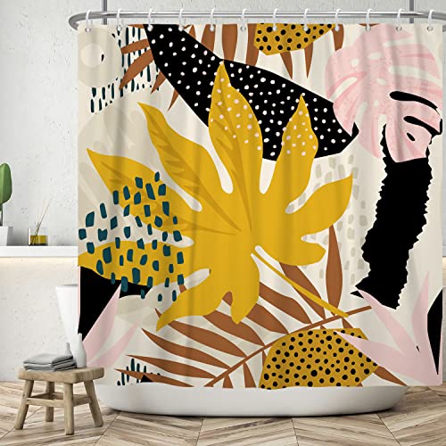 Bovlleetd 152x183cm Cortina de Ducha de Hojas de Arce de Oro Cortina de Baño de Arte Abstracto Bohemio de Mitad de Siglo Cortinas de Ducha Rosa Gris de Hojas de Ducha para Decoración de Baño