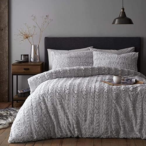 Inspire Me Teddy Luxe Faux Fur Duvet Set Pillow Case Thermal Fluffy Winter Warm Cuddly Soft Cozy and Comfortable Luxury Bedding Bed Set (Grey-Charcoal, Double)