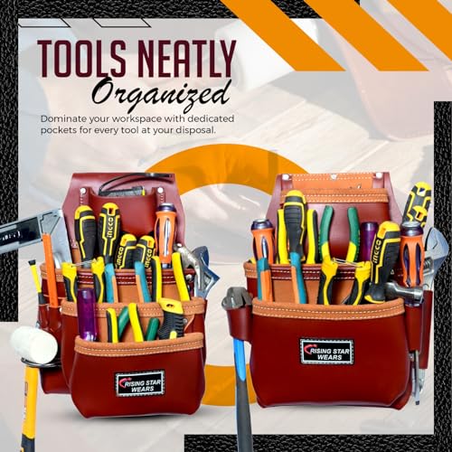 Image of Rising Star Wears Genuine Leather Tool Belt Pouch, 22-Pocket Maroon Tool Bag