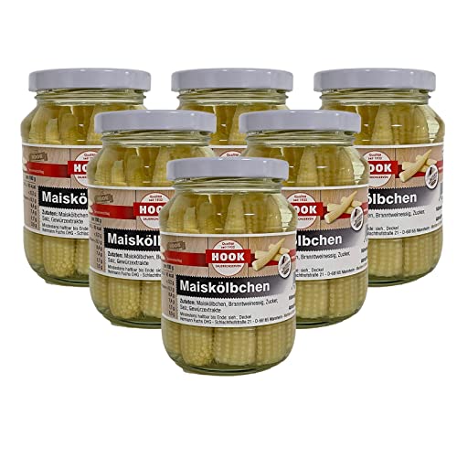 Hook - Maiskölbchen, 6 x 190 g Glas, köstliche Beilage zu jeder Mahlzeit, reich an Nährstoffen wie Ballaststoffen, Vitaminen und Mineralstoffen, zu Fleisch, Fisch oder vegetarischen Gerichten