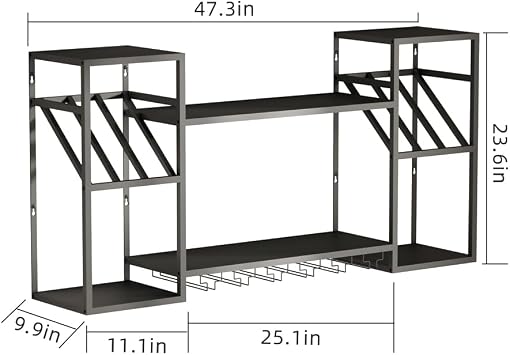 KaKaBB Wall Mounted Wine Rack, 47 Metal 2-Tier Bar Liquor Shelves with Glass Holder, Holds 30 Bottles & 612 Glasses, Floating Shelves for Kitchen Dining Room Home (Black)