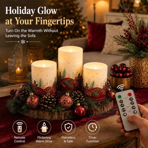 Image of Tujoe 3 Pcs Christmas Flameless Candle Burgundy Emerald Gold Pillar Candle