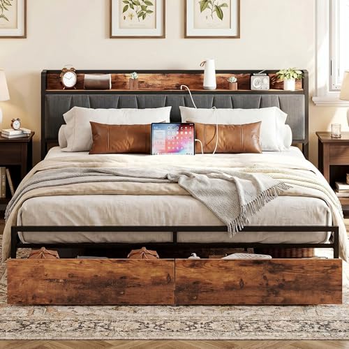 Image of LIKIMIO King Size Bed Frame with 2 Drawers and Charging Station | Platform Bed with Upholstered Storage Headboard, No Box Spring Needed, Easy Assembly, Sturdy, Industrial Brown and Gray