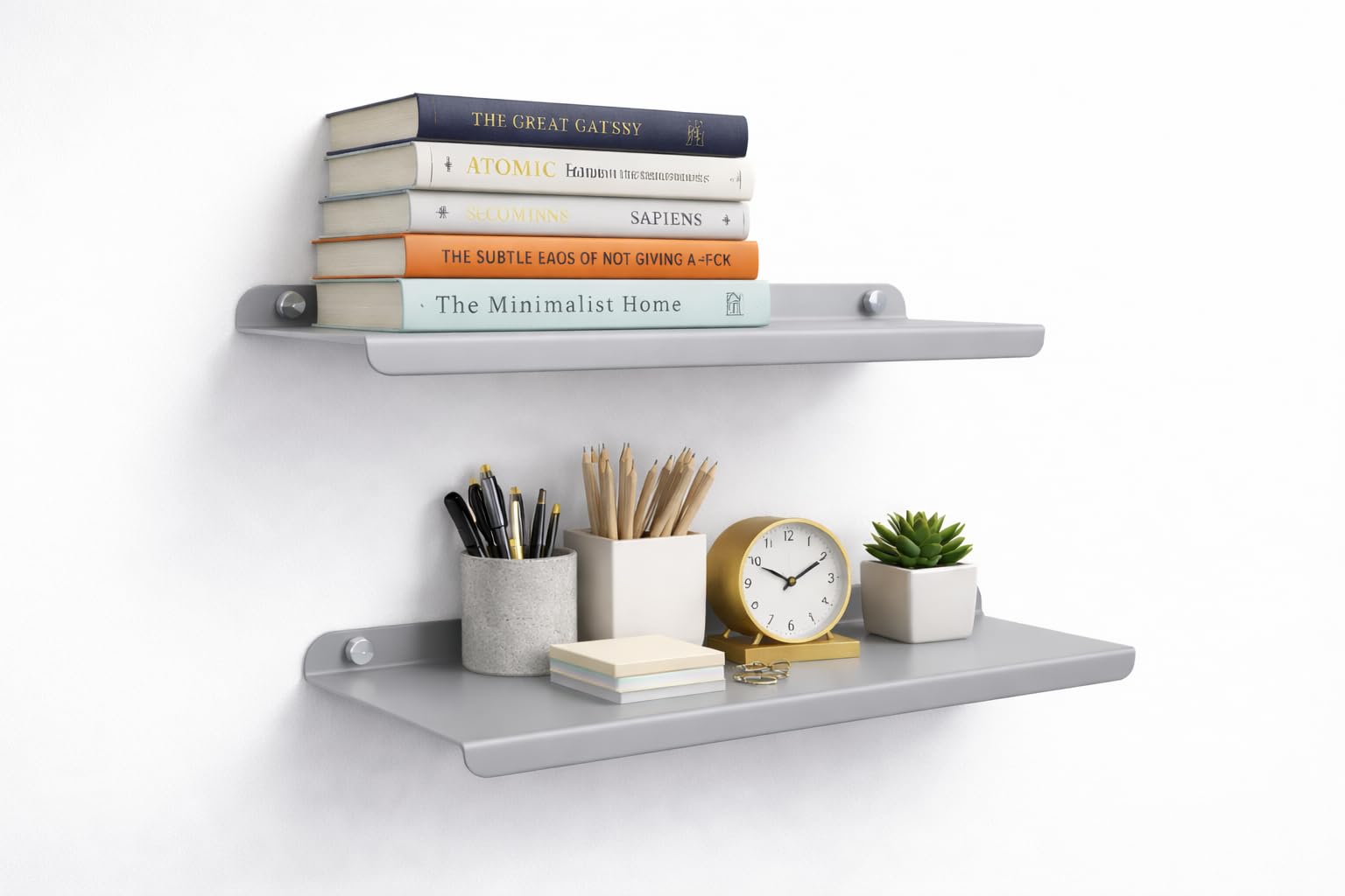 OrganizeMee Grey Metal Floating Wall Shelves – Long Wall Mounted Shelf for Living Room Decor, Bedroom & Home Walls | Modern Design Rack for Books, Plants, Showpieces & Organizer Use |Grey |17" Long