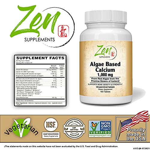 Algae Based Calcium 1,000Mg Icelandic Red Algae 180 Tabs - Plant-Based Calcium Supplement With Magnesium, Boron, Vitamin K2 + D3 - All Natural Ingredients To Be Highly Absorbable #TOP1