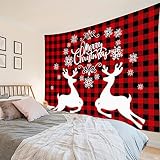 SCECALA Christmas Tapestry Wall Hanging Merry Christmas Snowflake Elk on Red and Black Plaid Wall Ta