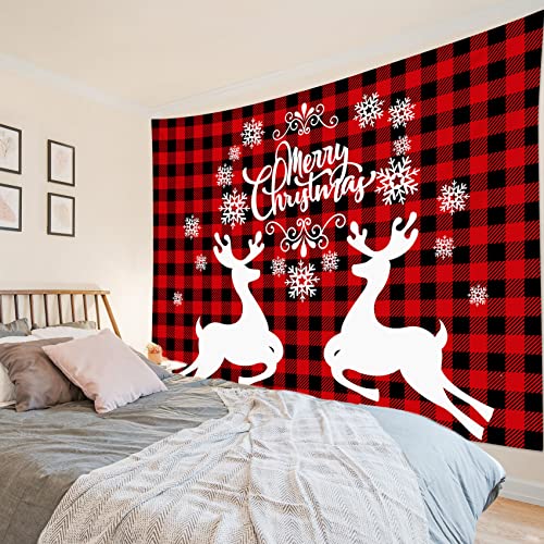 Scecala Christmas Tapestry Wall Hanging Merry Christmas Snowflake Elk On Red And Black Plaid Wall Tapestry For Living Room Bedroom Dorm Holiday Party Wall Decor 60X40 Inch #TOP26