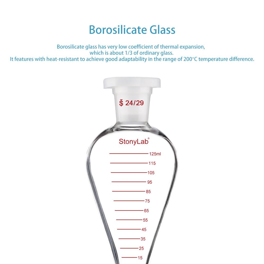 stonylab Graduated Separatory Funnel, Heavy Wall Pear-Shaped Conical Borosilicate Glass Separating Funnel with PTFE Stopcock and Plastic Top Stopper, 125 ml