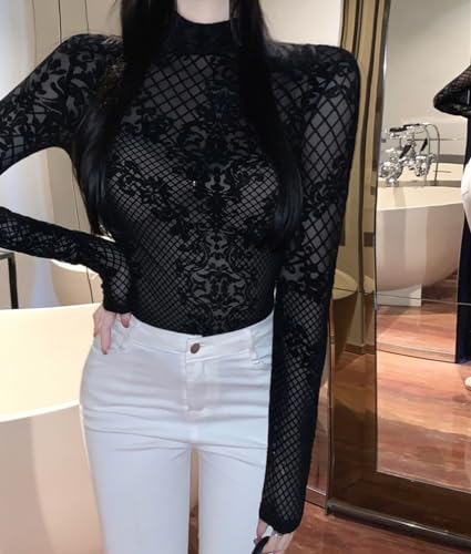 QiuDumo Body feminino de verão fofo de manga comprida, gola redonda, malha semitransparente, floral,