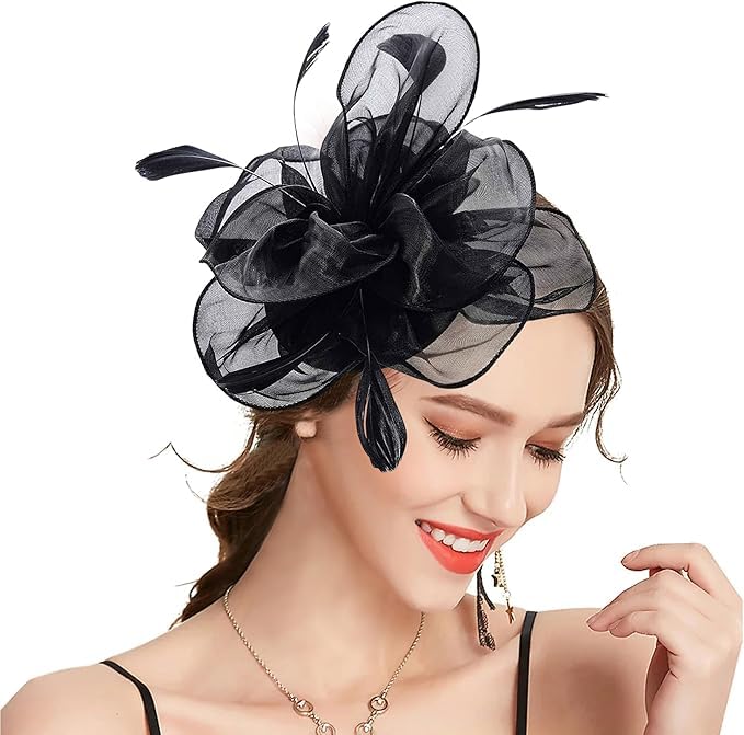 Black Fascinator Hairband for Women Flower Mesh organza Feathers Headband Cocktail, Tea Party Headwear Vintage Ladies Hair Clip and Band Fascinators-image-1