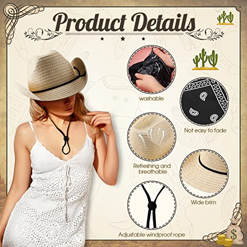 Image of Coume 36 Set Straw Cowboy Hats with Bandana Include 36 Cowboy Party Hats 36 Western Scarf in 4 Color for Cosplay Accessories