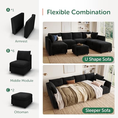 Image of HONBAY Modular Sectional Sofa Velvet Sleeper Couch with Storage,Black