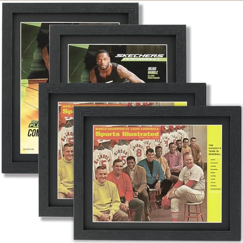 Image of JupDec Sports Magazine Frame 4 Pack, Premium Wood Display Case for 8 inch x 10.5 inch Magazines, Wall Mount or Tabletop Stand, Layered Design with Positioning Mat, Perfect for Sports, Fashion & Home Decor