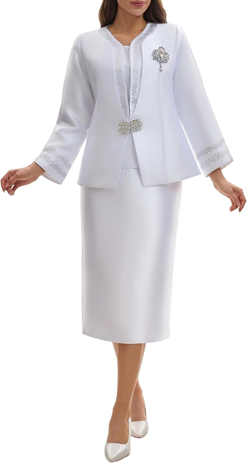 Women's Formal 3 Piece Church Suit Set with Rhinestone Trim Collar Elegant Dress Set for Mother of The Bride Wedding Guest