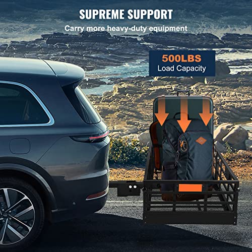 Vevor Folding Hitch Mount Cargo Carrier, 60"X24"X14.4", Steel Trailer Hitch Cargo Basket 500Lb Capacity, Luggage Carrier Rack Fits 2" Receiver W/Hitch Stabilizer, Fold Up For Suv Truck Pickup Camping #TOP2