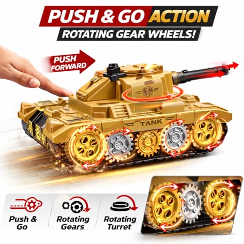 Image of TEC TAVAKKAL Battle Breakers Toy Military Tank for Kids with Mini Tank Launcher, 360 Rotating Turret & Adjustable Cannon | Action Battle Toy Vehicle with Moving Wheels for Kids (Tan)