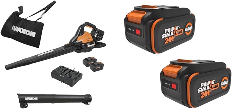WORX Cordless Leaf Blower, 3 in 1 Blowers for Lawn Care with Leaf Vacuum & Leaf Mulcher, Electric Blower with Brushless Motor & 2 Speed Control, 4 × 4.0 Ah Batteries & Charger Included