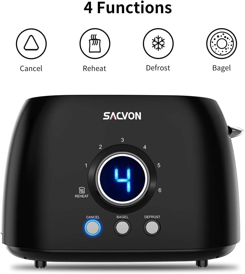 2 Slice Toaster, SACVON Stainless Steel Bagel Toaster with Big Timer, Wide Slot, Removable Tray, Matt Black